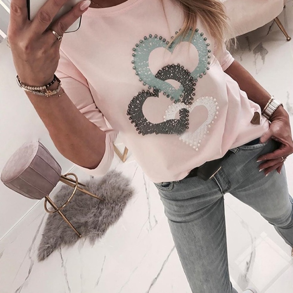 Beaded Heart Print Round Neck Long Sleeve T-shirt.